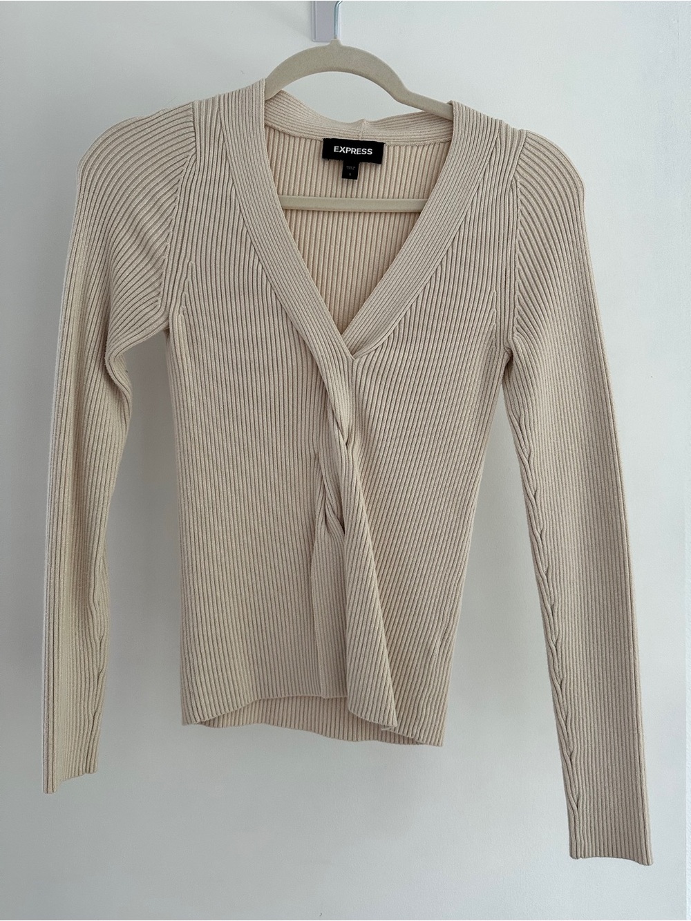 Express Cream Ribbed V-Neck Twist-Front Sweater